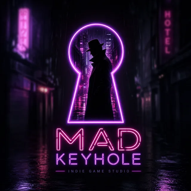 Mad KeyHole logo: a neon keyhole over a rainy noir street